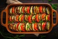 Delicious ratatouille in baking dish cooking. Generate Ai