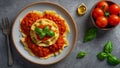 delicious ravioli with tomato sauce, basil, cheese in the kitchen traditional Royalty Free Stock Photo