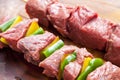 Delicious raw meat skewer, beef