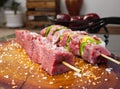 Delicious raw meat skewer, beef