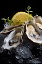 Delicious raw oysters served on ice