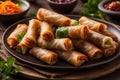 delicious ready to eat asian spring rolls in a dish over a dark wooden table, editorial style