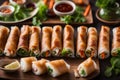 delicious ready to eat asian spring rolls in a dish over a dark wooden table, editorial style