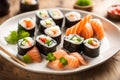 delicious ready to eat sushi rolls in a dish over a dark wooden table, editorial style