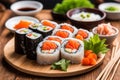 delicious ready to eat sushi rolls in a dish over a dark wooden table, editorial style