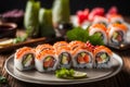 delicious ready to eat sushi rolls in a dish over a dark wooden table, editorial style