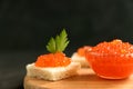 Delicious red caviar on wheat bread served with parseley on wooden desk Royalty Free Stock Photo