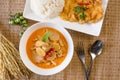 Delicious red curry chicken bamboo shoot with omelet and cooked rice,Thai food style