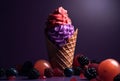 Waffle cone with delicious ice cream with fruits on purple background. Royalty Free Stock Photo