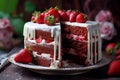 Delicious Red Velvet Cake with Fresh Strawberries. AI Royalty Free Stock Photo