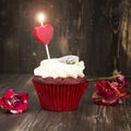 Delicious red velvet cupcake with burning candle Royalty Free Stock Photo