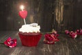 Delicious red velvet cupcake with burning candle Royalty Free Stock Photo