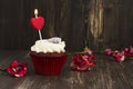 Delicious red velvet cupcake with burning candle Royalty Free Stock Photo