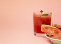 Delicious red watermelon juice with sliced fruit pieces on a plate. A sprig of mint in a glass. Copy space. Summer food Royalty Free Stock Photo