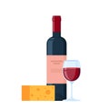 Delicious Red Wine with traditional cheese. Full wine glass, bottle of wine. Flat Vector Illustration