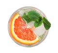 Delicious refreshing drink with sicilian orange, fresh mint and ice cubes in glass isolated on white, top view Royalty Free Stock Photo