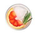 Delicious refreshing drink with sicilian orange, fresh rosemary and ice cubes in glass isolated on white, top view Royalty Free Stock Photo