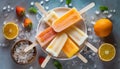 Delicious refreshing homemade popsicles made with fresh fruit juice viewed from above