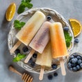 Delicious refreshing homemade popsicles made with fresh fruit juice viewed from above