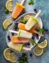 Delicious refreshing homemade popsicles made with fresh fruit juice viewed from above