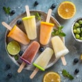 Delicious refreshing homemade popsicles made with fresh fruit juice viewed from above