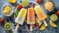 Delicious refreshing homemade popsicles made with fresh fruit juice viewed from above