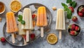 Delicious refreshing homemade popsicles made with fresh fruit juice viewed from above