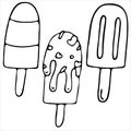 Delicious refreshing ice cream popsicle and popsicles with sprinkles and syrup, vector doodle element, coloring book