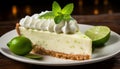 Delicious and refreshing key lime pie with freshly sliced limes on a rustic wooden background Royalty Free Stock Photo