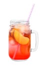 Delicious refreshing peach cocktail in mason jar on white Royalty Free Stock Photo