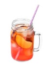 Delicious refreshing peach cocktail in mason jar on white Royalty Free Stock Photo