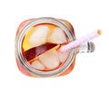 Delicious refreshing peach cocktail in mason jar on white background, Royalty Free Stock Photo