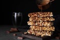 Delicious rice crispy treats on table. Space for text Royalty Free Stock Photo