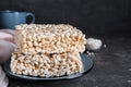 Delicious rice crispy treats on table, closeup Royalty Free Stock Photo