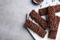 Delicious rice crispy treats on grey table. Space for text Royalty Free Stock Photo