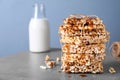 Delicious rice crispy treats on table. Space for text Royalty Free Stock Photo