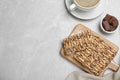 Delicious rice crispy treats on light grey table. Space for text Royalty Free Stock Photo