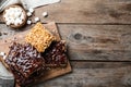 Delicious rice crispy treats on table, flat lay. Space for text Royalty Free Stock Photo