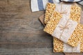 Delicious rice crispy treats on table, top view. Space for text Royalty Free Stock Photo