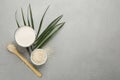 Delicious rice milk and grains on light grey table, flat lay. Space for text Royalty Free Stock Photo