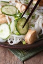 Delicious rice noodles with chicken and cucumbers vertical