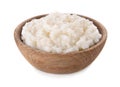 Delicious rice pudding in bowl on white background