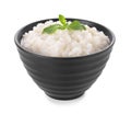 Delicious rice pudding with mint in bowl on white background Royalty Free Stock Photo