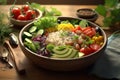 Delicious rice salad bowl filled with a colorful array of fresh vegetables, herbs, and grains, highlighting the healthy and