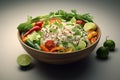 Delicious rice salad bowl filled with a colorful array of fresh vegetables, herbs, and grains, highlighting the healthy and