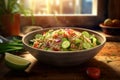 Delicious rice salad bowl filled with a colorful array of fresh vegetables, herbs, and grains, highlighting the healthy and