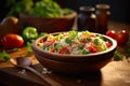 Delicious rice salad bowl filled with a colorful array of fresh vegetables, herbs, and grains, highlighting the healthy and