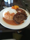 Delicious riceball, with sirloin steak, chicken thigh and butternut with soup Royalty Free Stock Photo