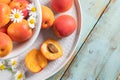 Delicious ripe apricots in a bowl on the wooden table. Close-up with apricots and daisy flowers Royalty Free Stock Photo