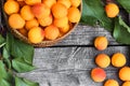 Delicious ripe apricots on a rustic wooden table. Raw fruits on rough wood background. Vegetarian food. View from above